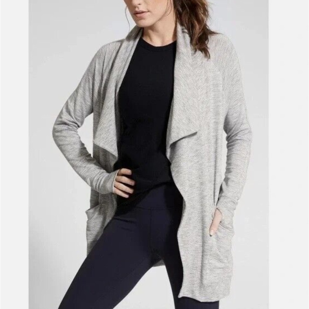 Athleta Studio Wrap Draped Cardigan Heather Gray Modal Blend Thumb Holes